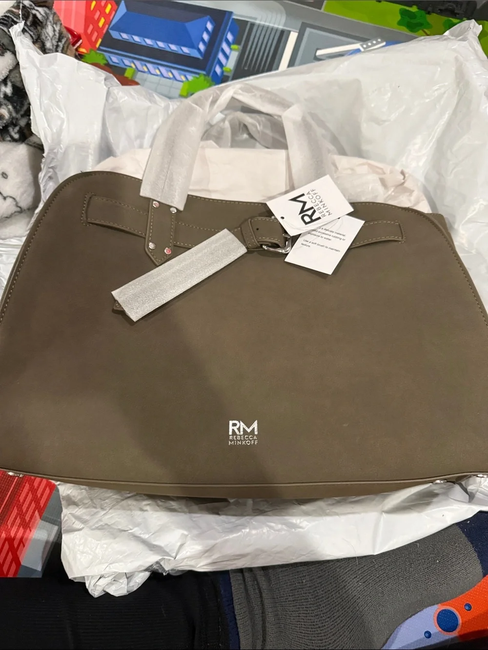 Rebecca Minkoff Taupe Suede Belt-Accent Satchel